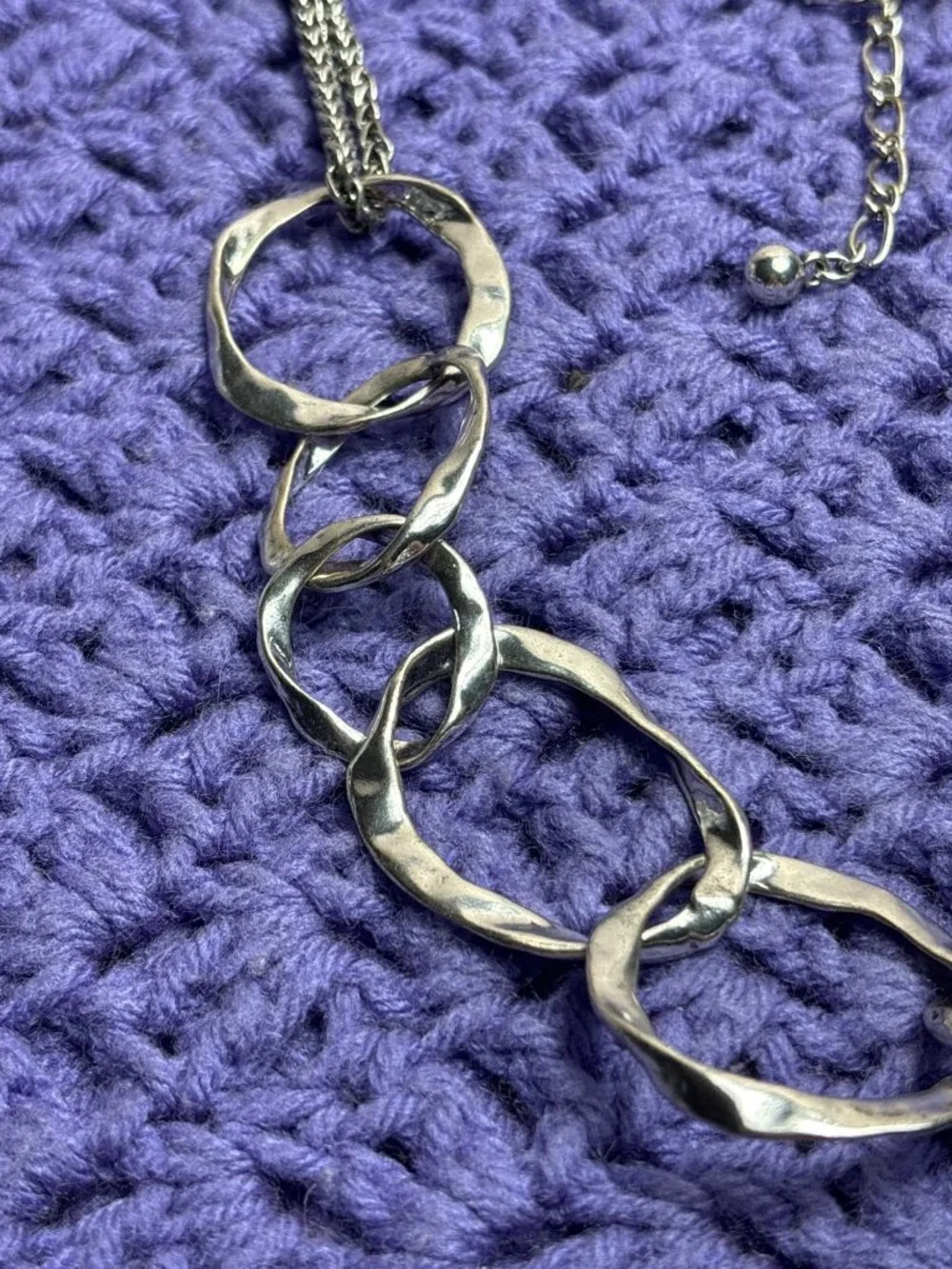 Chunky Silvertone Textured Necklace Double Chain Statement 34 - 37 inches Long